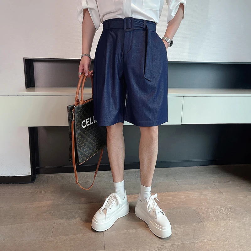 

Summer Shorts Men High Waist Belt Loose Casual Streetwear Fashion Lightweight Imitate Denim Short Pants Jeans Shorts