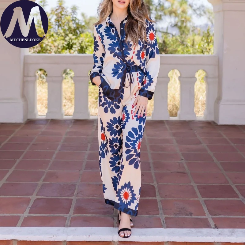 

Женский комплект из 2 предметов, летние новые элегантные рубашки с длинными рукавами и принтом, топы, костюмы, модные повседневные свободные комплекты с широкими брюками