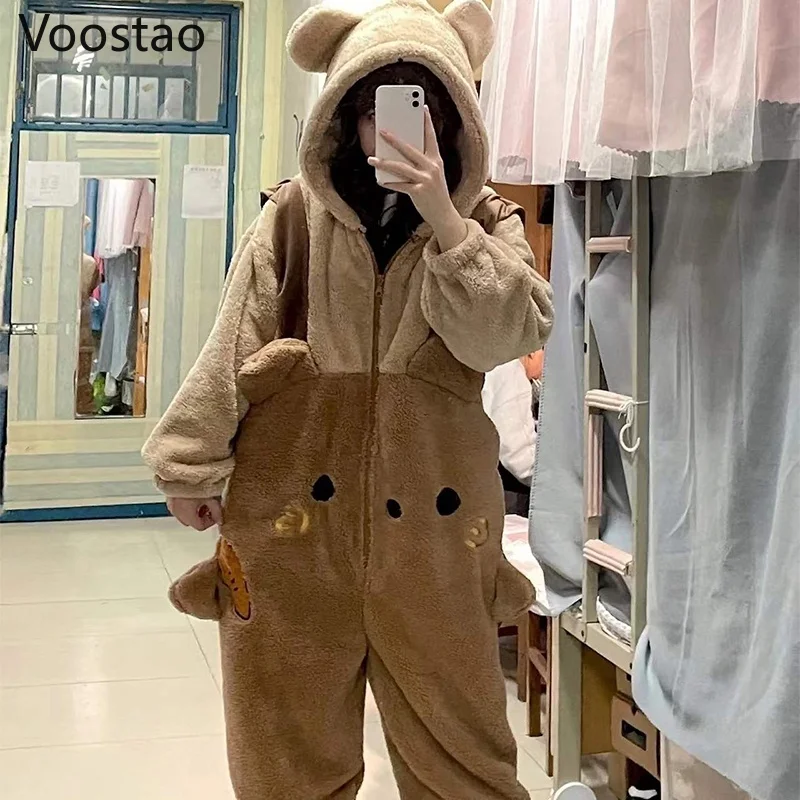 Autumn Winter Women Sweet Carrot Bear Onesies Pajamas Soft Cute Warm Bear Ears Hooded Loungewear Girls Harajuku Loose Pyjamas