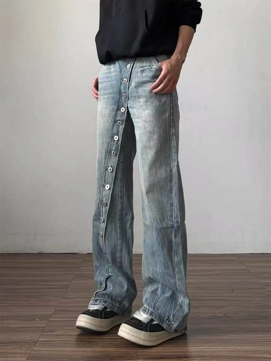 Men's Single-breasted Design Blue Jeans Wide Legs Retro Pants Casual Sweatpants Cool Boy Bottom Male High Waist Denim Trousers