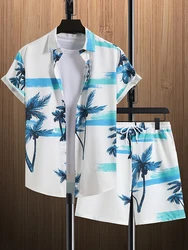 Camisa para hombre de manga corta con estampado de árbol de coco y pantalones cortos de playa para verano, camisa Casual para hombre de Estilo Hawaiano, pantalones cortos para hombre