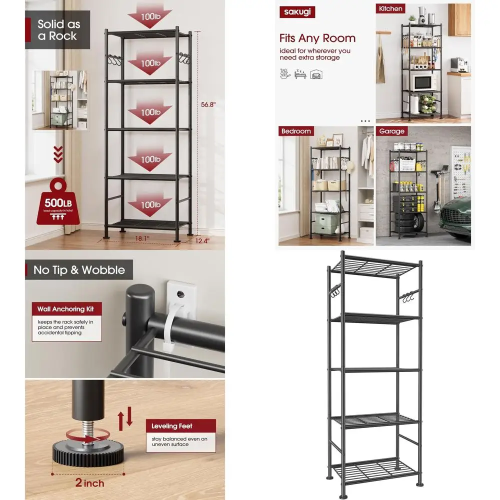 

5-Tier Heavy-Duty Storage Rack with Hooks, Large Capacity Organizer for Home, Garage, and Balcony, 18.1x12.4x56.8, Black