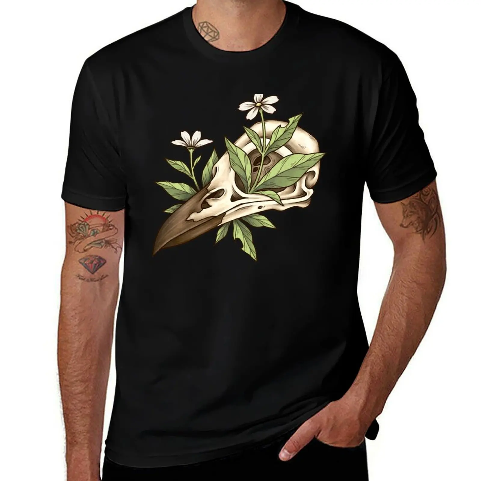 Vulture Culture Bird Skull with Flower Raven Skull Green Witch Vintage Witchcraft Goblincore Furry Thieran Oddities and  T-Shirt