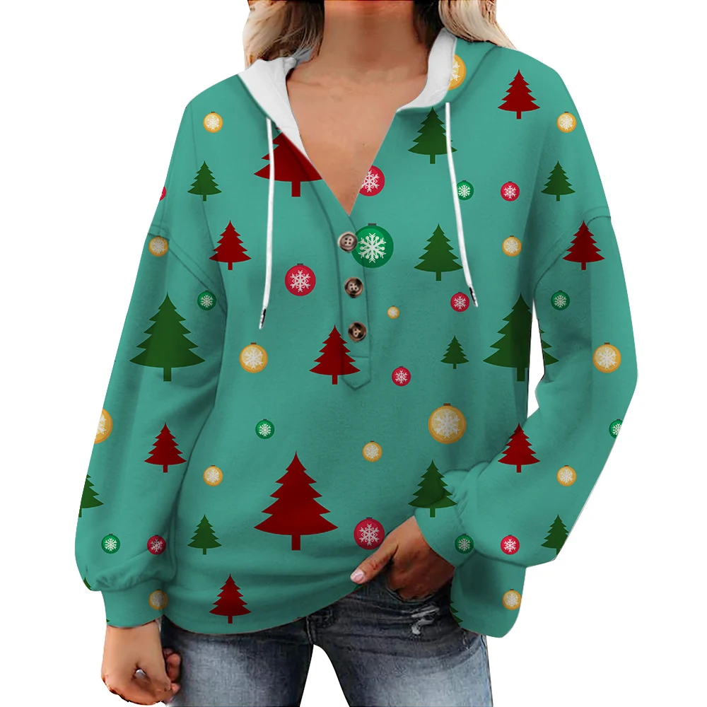 CLOOCL Women Hoodie V-neck Pullover Long Sleeve Loose Casual Hooded Tops Coloured Lights Christmas Tree Print Sweatshirt Femme