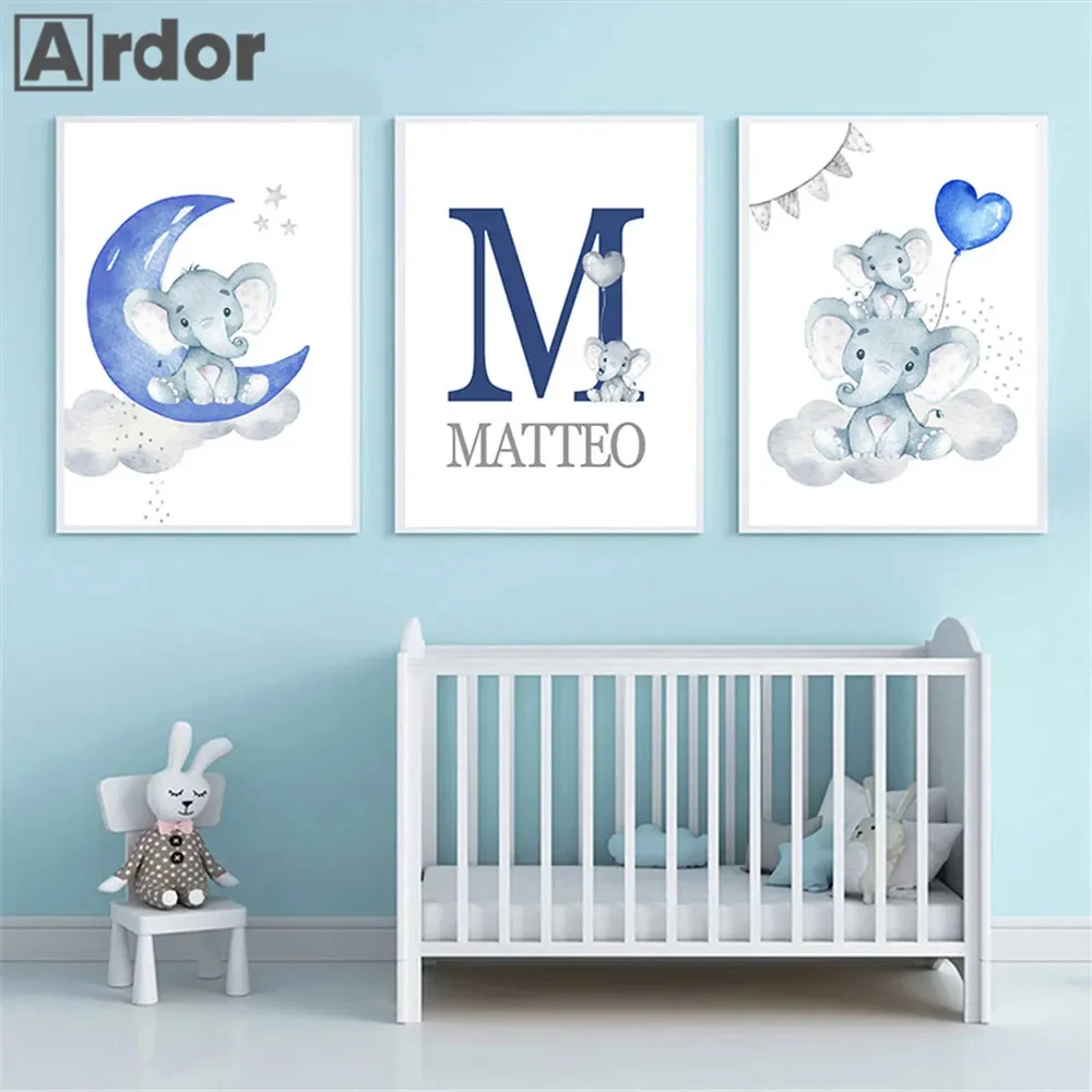 

Bright Blue Balloon Moon Canvas Poster Custom Name Wall Paintings Cloud Elephant Art Prints Nursery Picture Kids Room Decoration