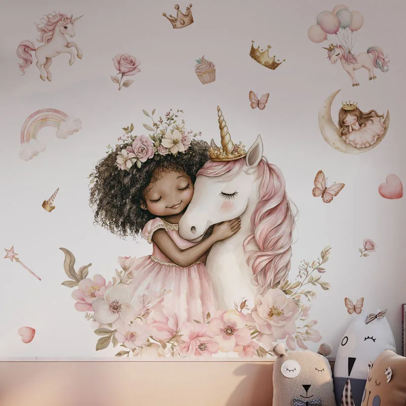 Princess Unicorn Wall Stickers for Kids Rooms Girls Baby Room Bedroom Decoration Nursery Wallpaper Flower Self-adhesive Vinyl
