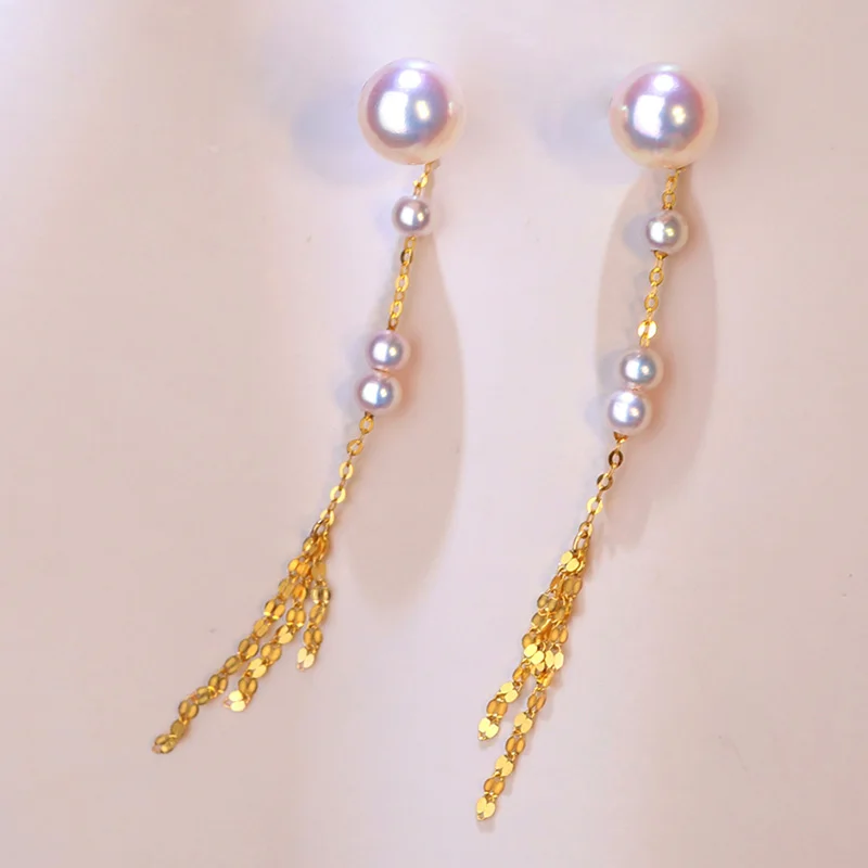 

NYMPH 18K Gold Earrings Fine Jewelry AU750 Natural Akoya Pearl Round Long Eardrop Wedding Party For Women E625