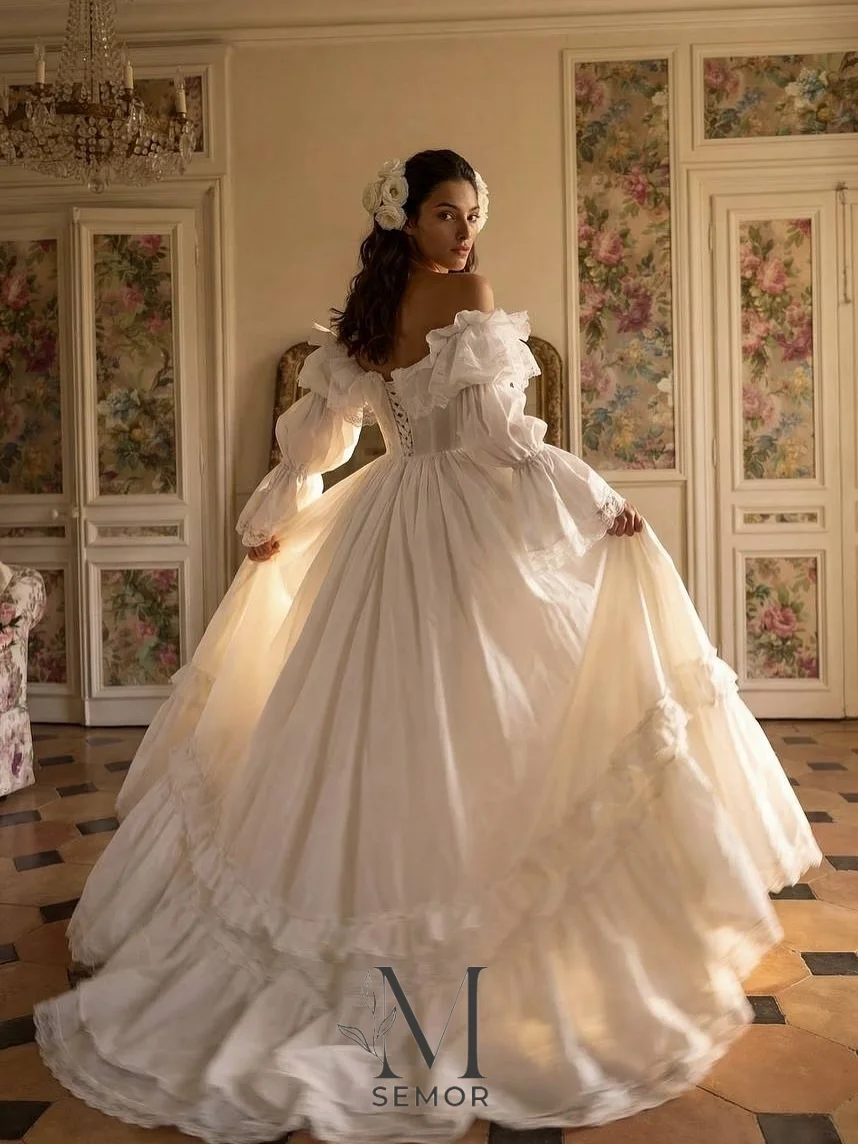 Semor 2026 Elegant Off the Shoulder Wedding Dress Customized A-line Long Sleeve Lace-Up Back Bridal Gown Tiered Robe De Mariée