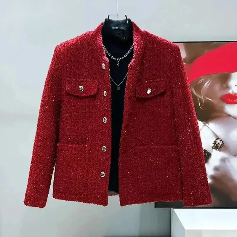 Tweed Korean Style Men's Jackets Round Collar Shoulder Padded Loose Tops Single Breasted Pockets Solid Color Coats AW12