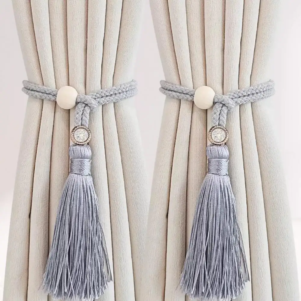 Floral Curtain Ties Bohemian Curtain Tiebacks with Tassels Wooden Beads Handwoven Rope Drapery Holdbacks Decorative for Bedroom