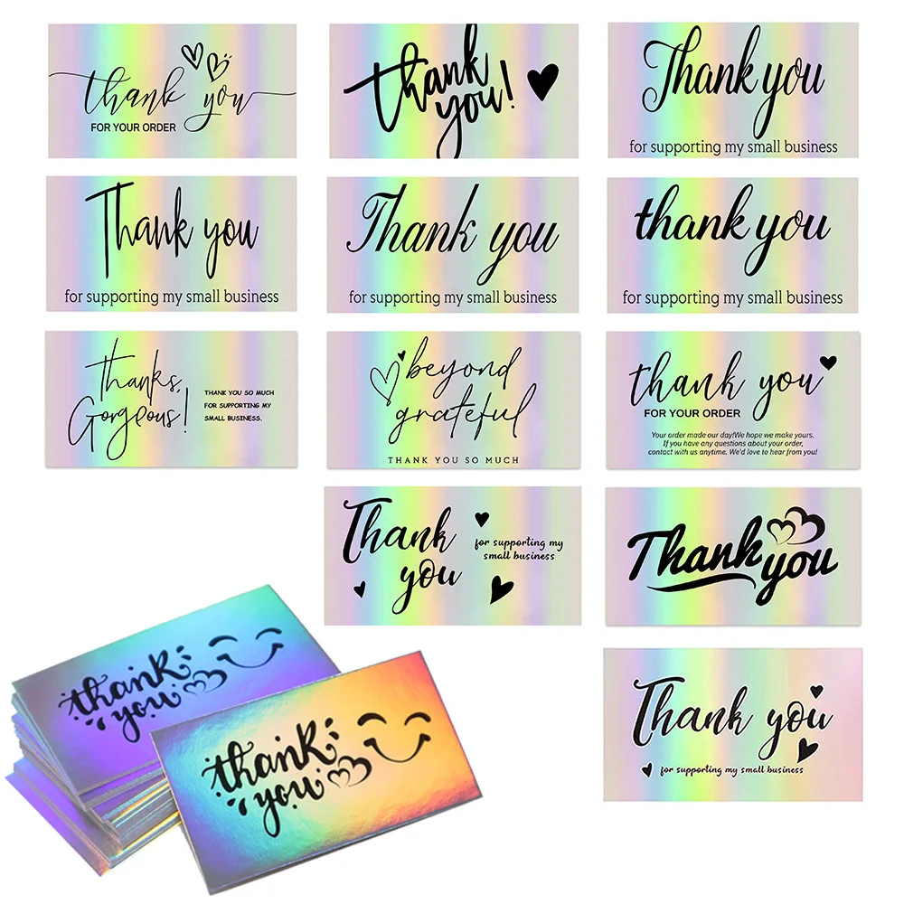 200pcs Reflective Laser Thank You for Supporting My Business Appreciate Cards Greeting Postcard Birthday Gift Decorative Card