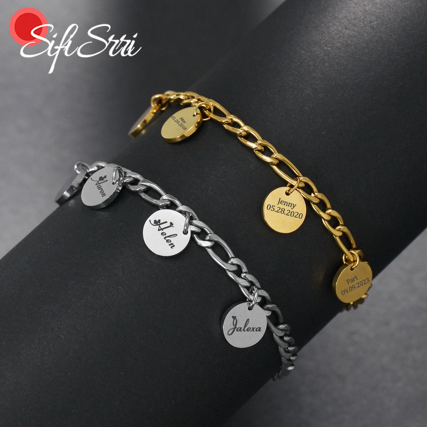 

Sifisrri Personalized Custom Name Bracelet For Women Stainless Steel Jewelry Engrave Letter Heart Figaro Chain Birthday Gift