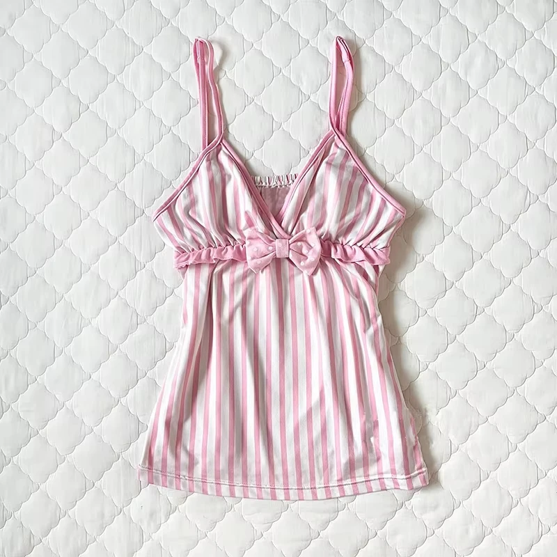 Women Summer Korean Fashion Sweet Bow Stripe Print E-Girl Crop Tops Vintage Cute Y2K Japan Sleeveless Shirt 2000s Camis Clothes