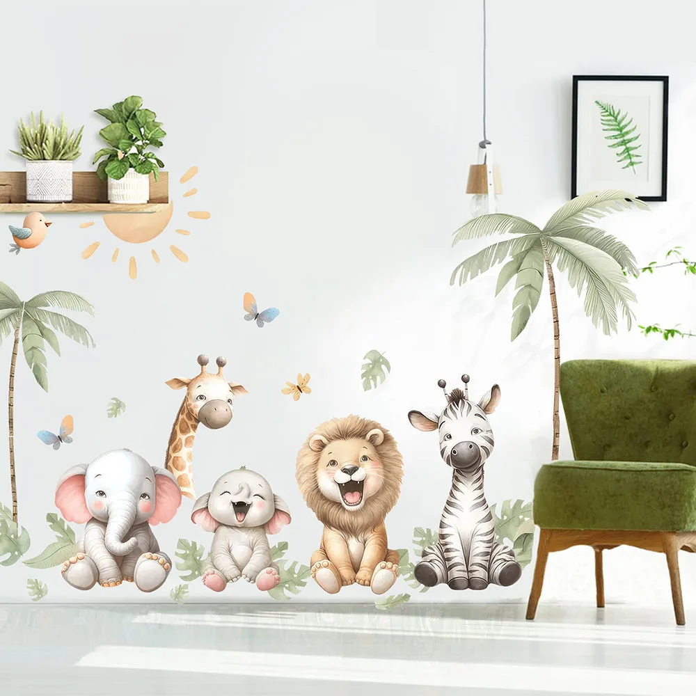 Watercolor Jungle Safari Animal Wall Stickers  Lion Elephant Zebra Tropical Palm Tree Wall Decals Bedroom Playroom Home Decor view 3