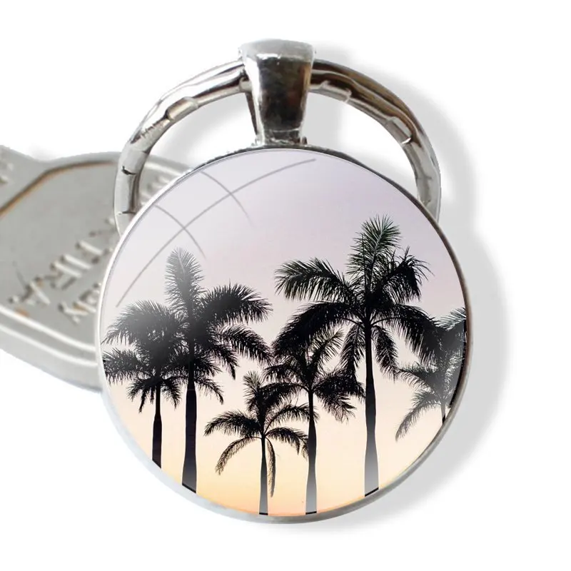 Keychain Handmade Glass Cabochon Key Ring Holder Pendant Key Chains Sunset on sea Palm