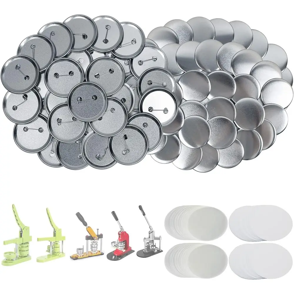 

200 комплектов наборов для изготовления значков 2,25 дюйма (58 мм) с металлическими основами, корпусами, чистой бумагой и прозрачной пленкой