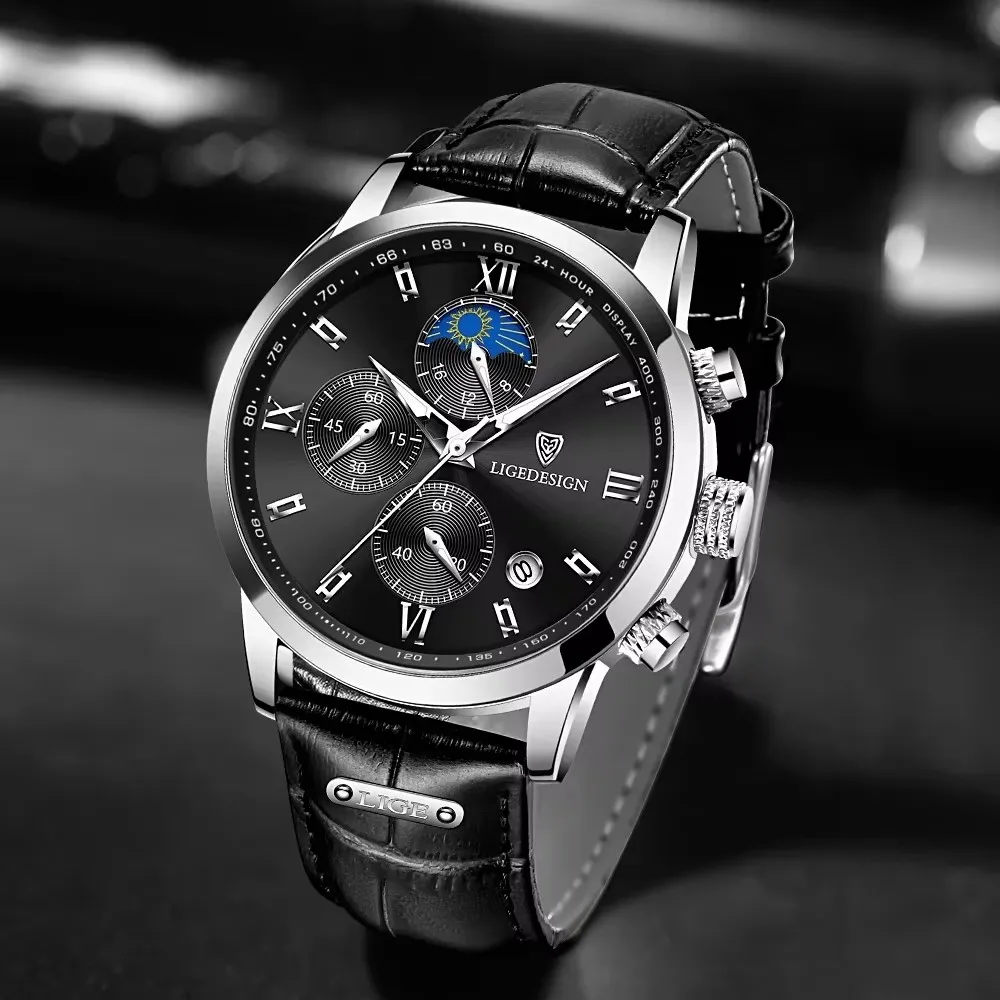 LIGE 남성용 비즈니스 시계 브랜드 고급 가죽 남성 시계 방수 스포츠 쿼츠 크로노그래프 시계 남성용 렐로지오 마스쿨리노
