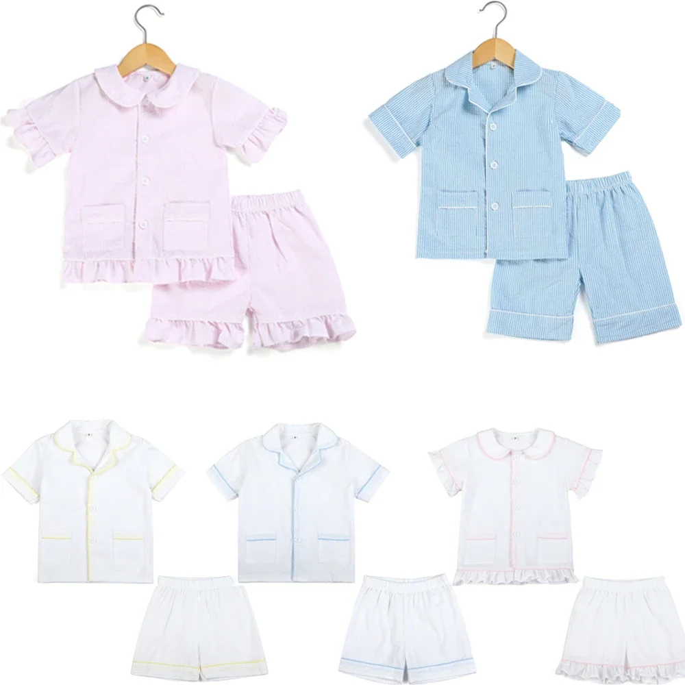 Ruffkids 100% bawełniane letnie piżamy dziecięce piżamy Seersucker pasiaki pasujące Pjs chłopięce ubrania Loungewear dziewczęce zestaw piżam