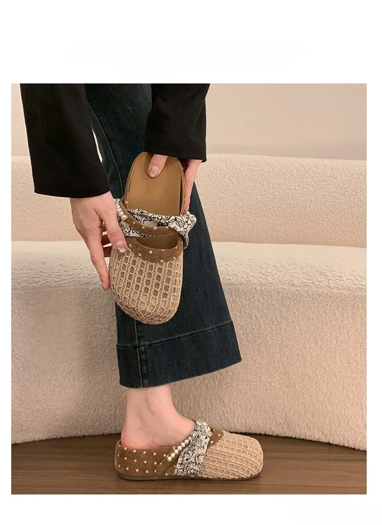 Atmungsaktive Mesh-Halbpantoffeln für Damen, Französische Polka-Dot-Perlen-Slip-On-Slides, Weiche Sohle, Geschlossene Zehenpartie, Geeignet für Breite Füße – Detail 11
