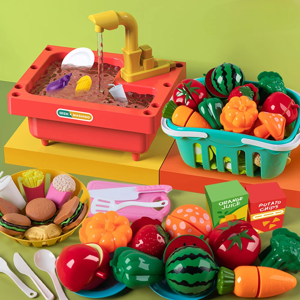 

WizKidz Mini Kitchen Playset for Kids 2-3 Years Old with Dishwasher Sink Water Pump Toy Set Washing Vegetables Fruits Play Food