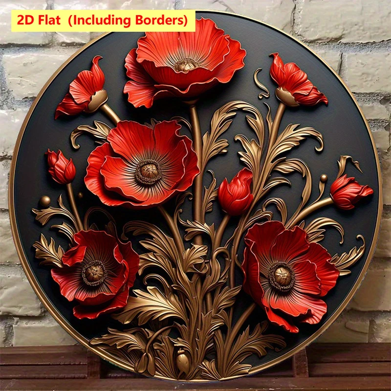 2D Flat 1Pc Retro Red Flower Pattern Circular Wooden Hanging Sign, Perfect for Home, Bar, Cafe, Beach House or Room Decoration