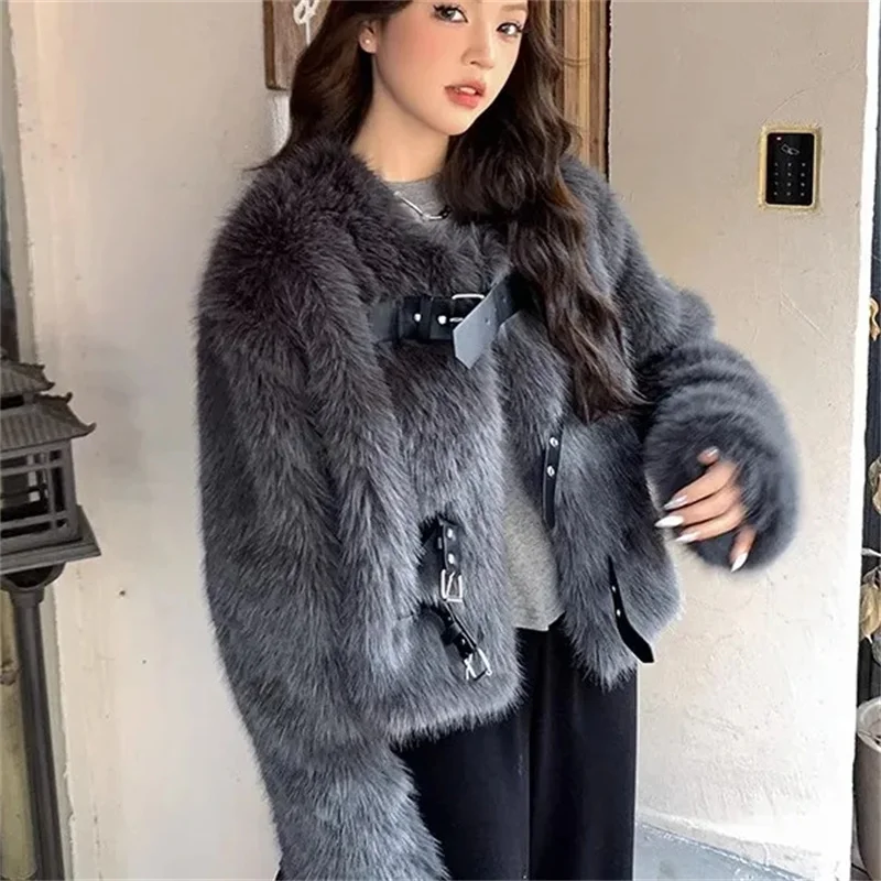 Fashion Fur Coat Women Short Jacket Faux Fox Fur Jackets Streetwear Ladies O-neck Fur Tops Autumn Winter Black Grey Fur Coats