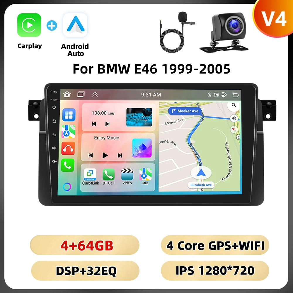Podofo Carplay Android Auto Radio Voor Bmw E46 1999-2005 Multimedia Speler 8 128G 4G Wifi Ai Voice Spiegel Link Rds Autoradio
