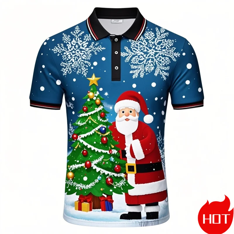 Funny 3D Cute Santa Claus Xmas Print Polo Shirt For Men Happy Christmas Graphic Merry Christmas Graphic  Shirts & Blouses Polos