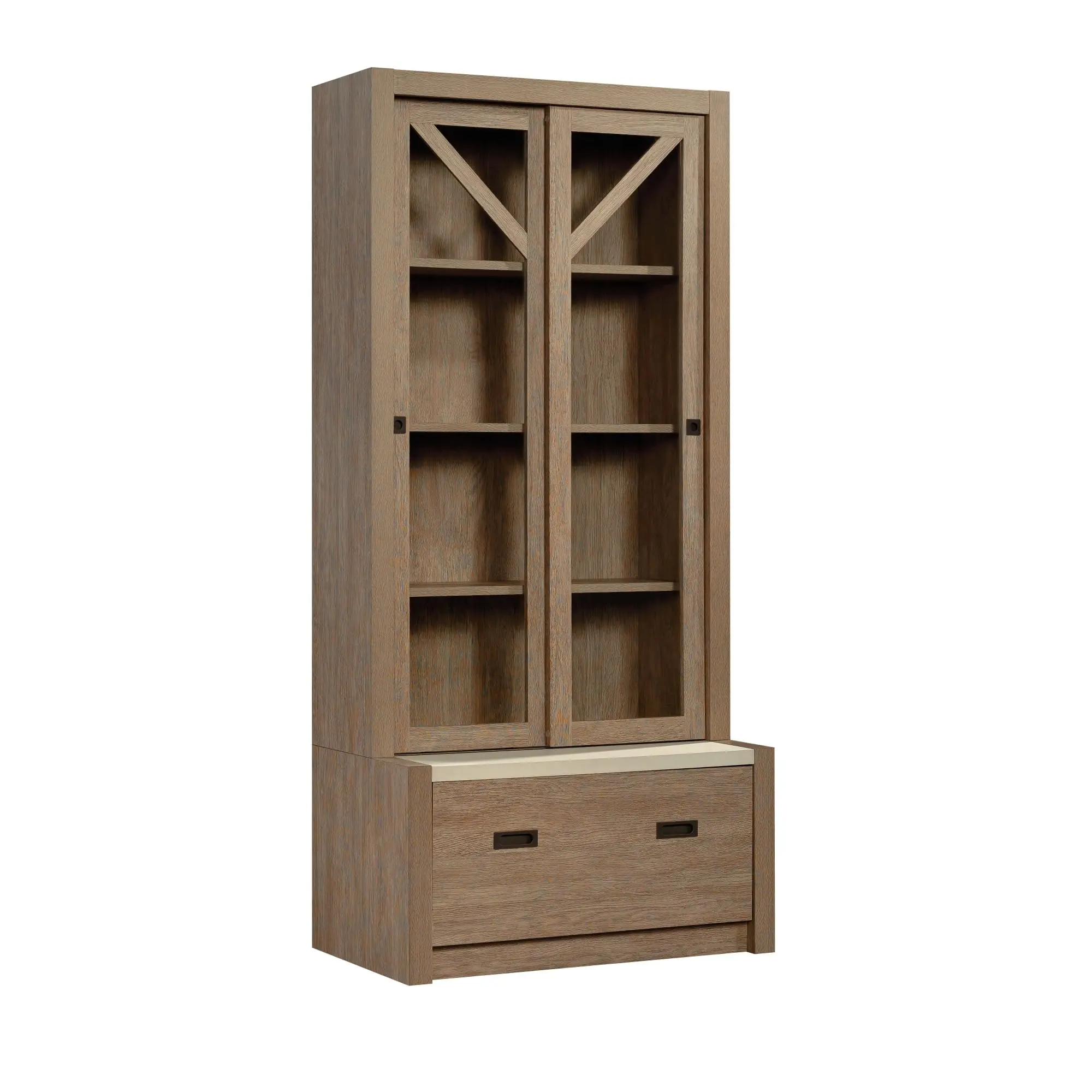 ® Dixon City Library 4-Shelf Bookcase with Sliding Doors and Filing Drawer, Brushed Oak™/Pebble White™