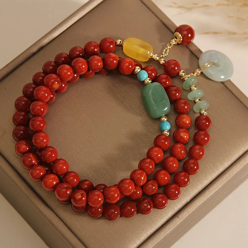 Natural South Red Agate Multi-layer Bracelet Women's Retro Chinese Ethnic Style Jade Pendant HandString Amulet High-end Gifts