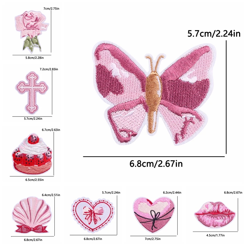 10 PCS Cartoon Pink Embroidered Patches DIY Cherry Cake Flower Butterfly Bow Iron On Patches For Clothing Thermoadhesive Patches