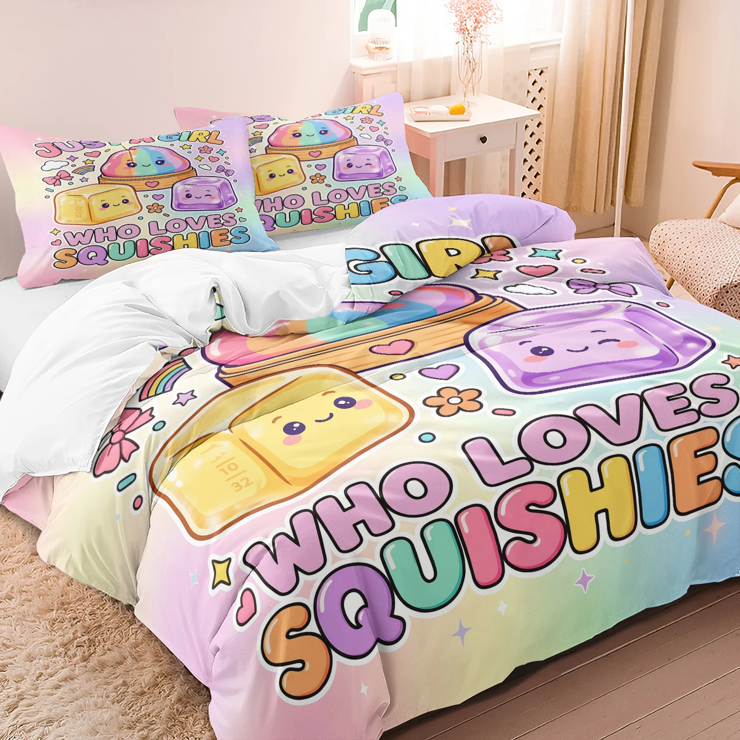  3Pcs Pastel Rainbow Squishy Duvet Cover Set, Cute Kawaii Squishies Letter Quote Heart Star Pattern, Kawaii Bedroom Decoration