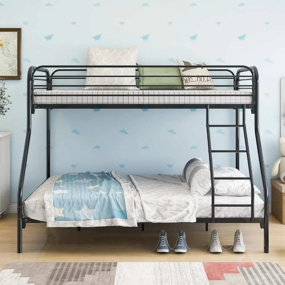 Twin Over Full Bunk Bed with Ladder Rungs & Noise-Free Wood Slats, Sturdy Steel Bedframe w/Safety Guardrail,No Box Spring Needed