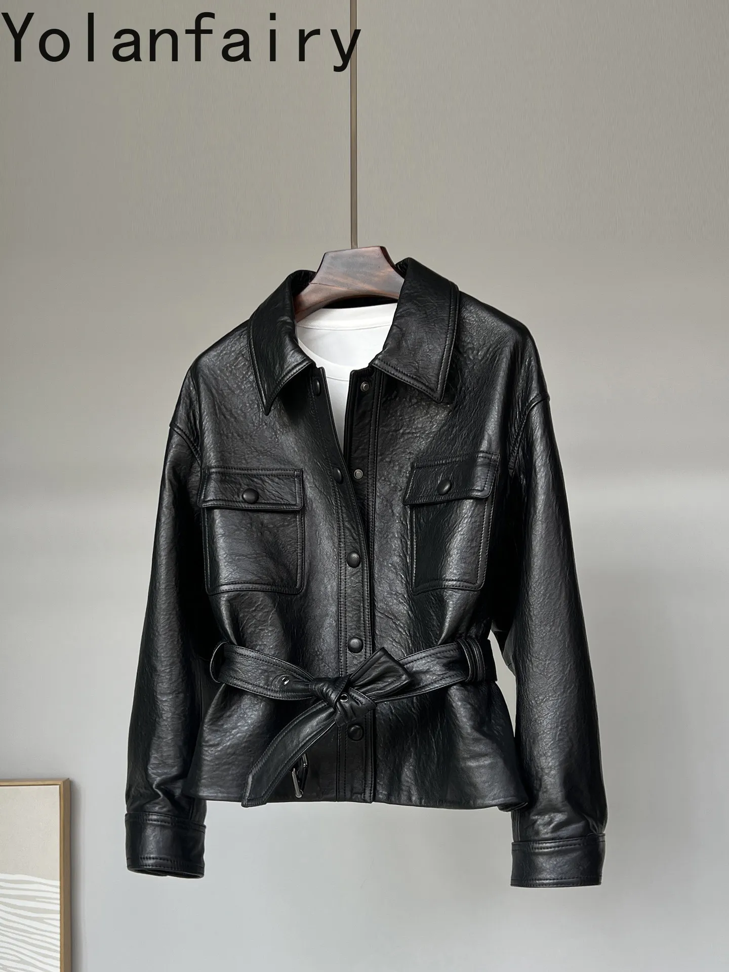 YOLANFAIRY Women Genuine Top Layer Sheepskin Trench Coat 2026 Tie Waist Belt Real Leather Jacket Elegant Short Coats Outerwear