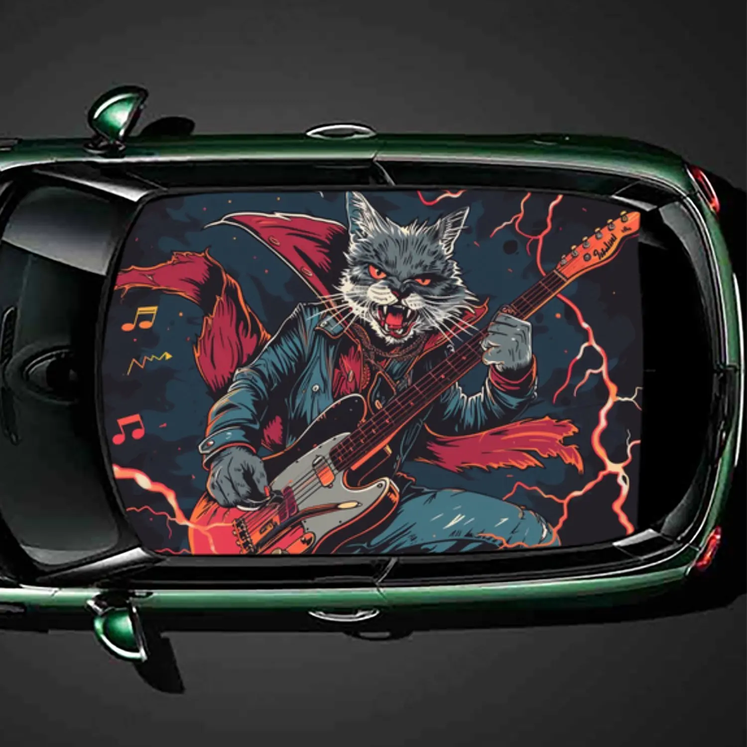 

Cool Rock Cat Guitarist Art Graphic Car Roof Sticker PVC Self Waterproof stick , Striking Auto Exterior Accessories Decoration