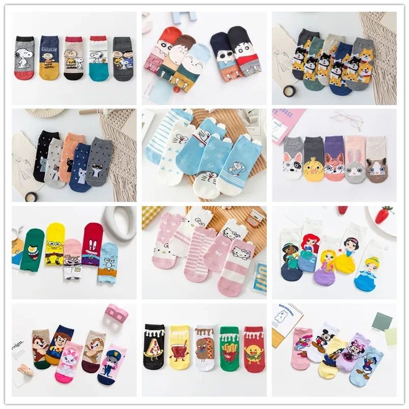 5 Pairs Cartoon Sanrio Mickey Minnie Printing Summer Casual Cute Women Short Sock Animal Socks Soft Cotton Sock Size 34-40