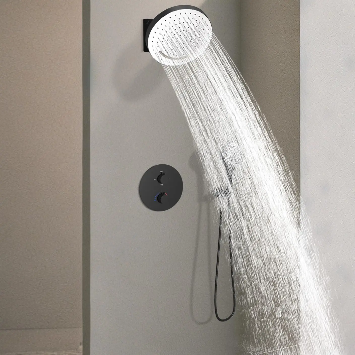 Thermostatic Matte Black Shower Fixtures System 12 Inch Round Rainfall & Waterfall Shower Head With Handheld Combo