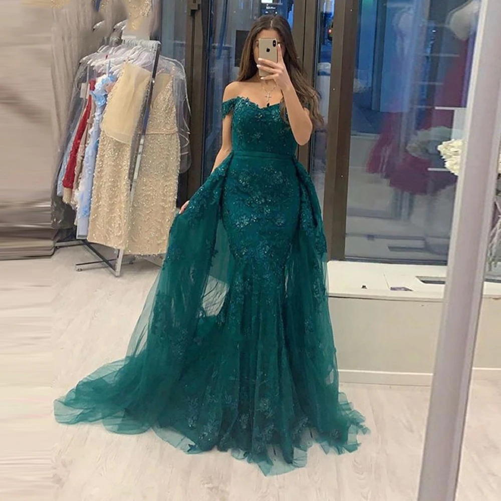 Vestidos de noche de sirena de encaje verde cazador Sexy con hombros descubiertos desmontables para mujer, vestidos de fiesta formales con cordones