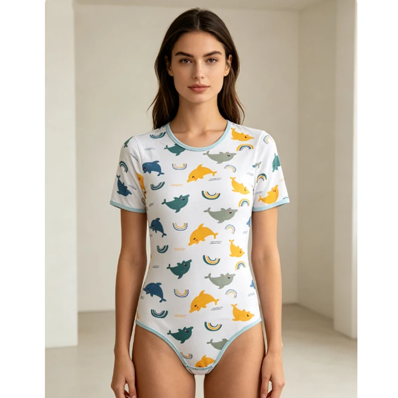 Adult Unisex Short Sleeve Rompers Cartoon Pattern ABDL Cotton Onesie Comfortable Breathable With Snaps Bodysuits Pajamas