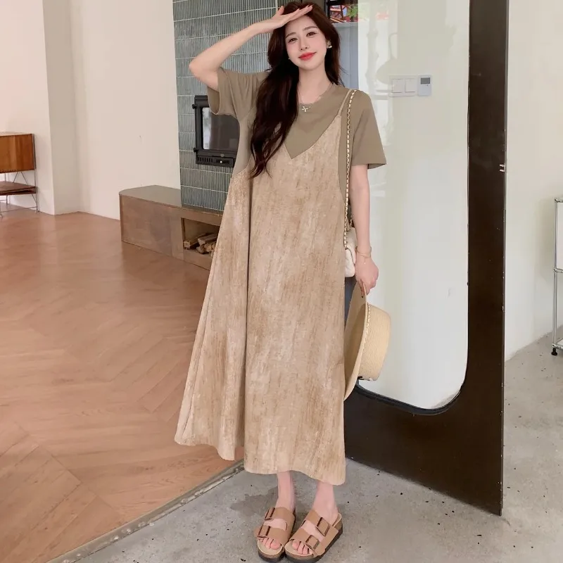 女性用フレンチスマッジドサスペンダードレス フェイクツーピース 年齢を軽減するミッドレングスTシャツ