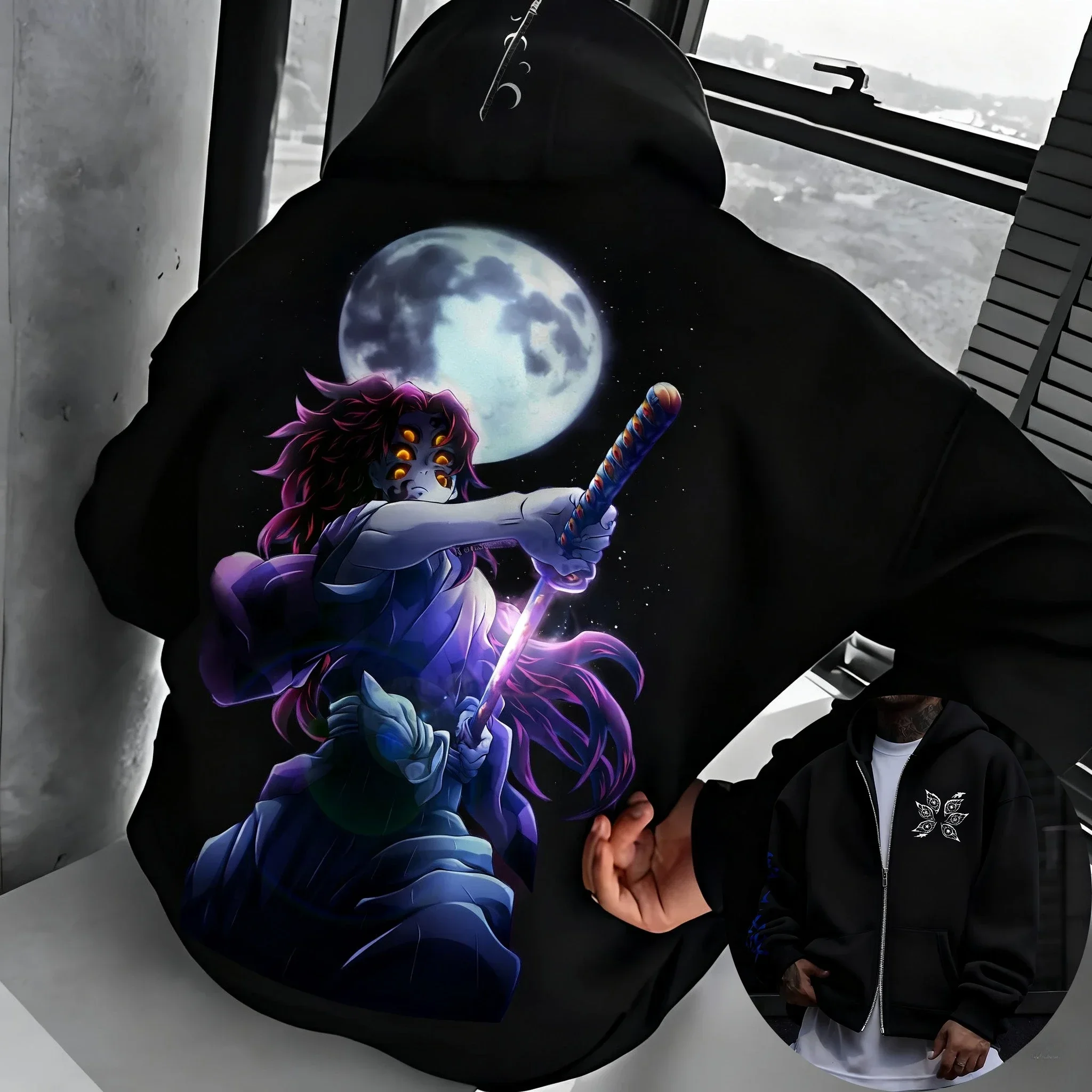 Demon Slayer Anime Kokushibo Printed Zipper Hoodie Men's Autumn/Winter  American Trend Versatile Casual Trend Sweater Top