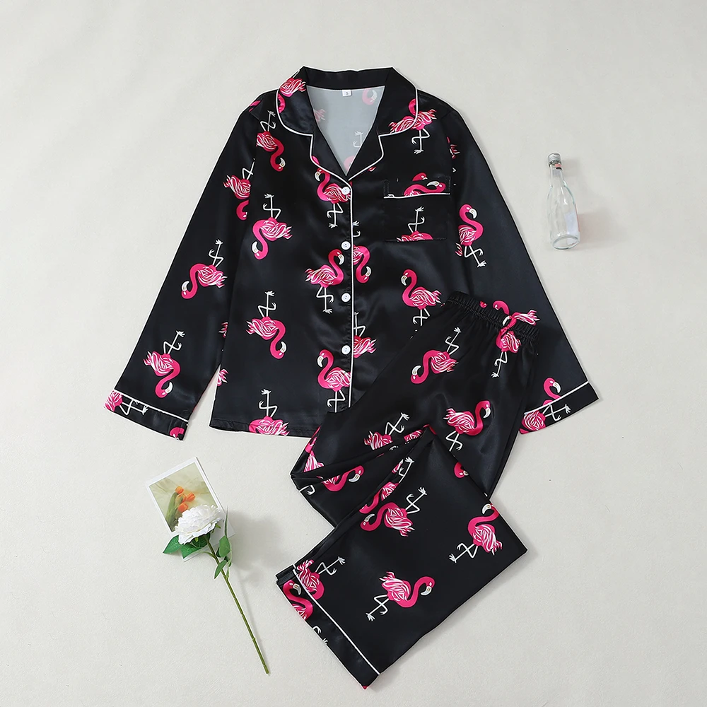 

2Pcs Women's Sleepwear Buttons Lapel Long Sleeve Pants Set Flamingo Print Loungewear Comfortable Soft Autumn Casual Nightwear