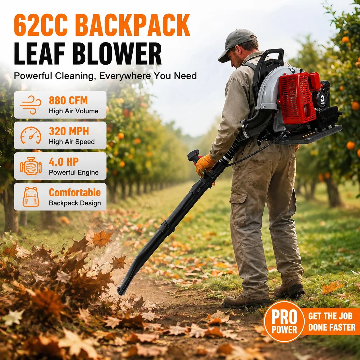 62CC Backpack Leaf Blower Gas Powered 880CFM 320MPH High Output 4HP Engine Variable Speed Cruise Control Lawn Yard Snow Removal Tool