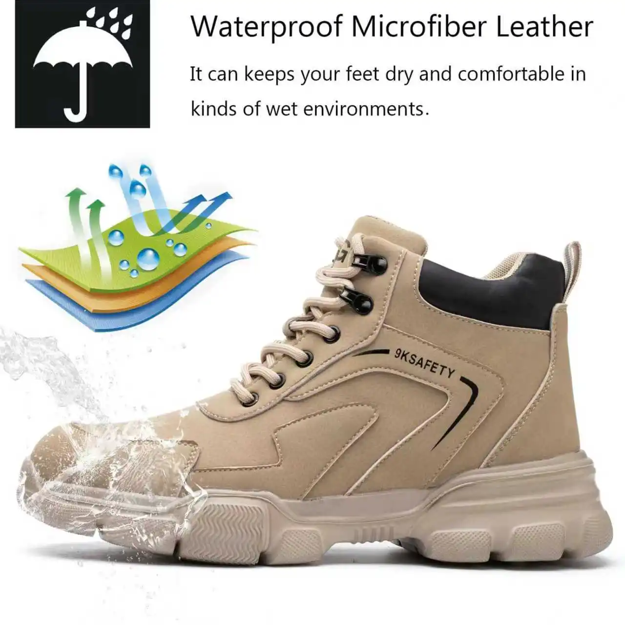 Unisex Brown High-top PU Water Repellent Lightweight Anti-smash Anti-puncture Comfortable Wear Resistant Industrial Construction Work Safety Boots view 3