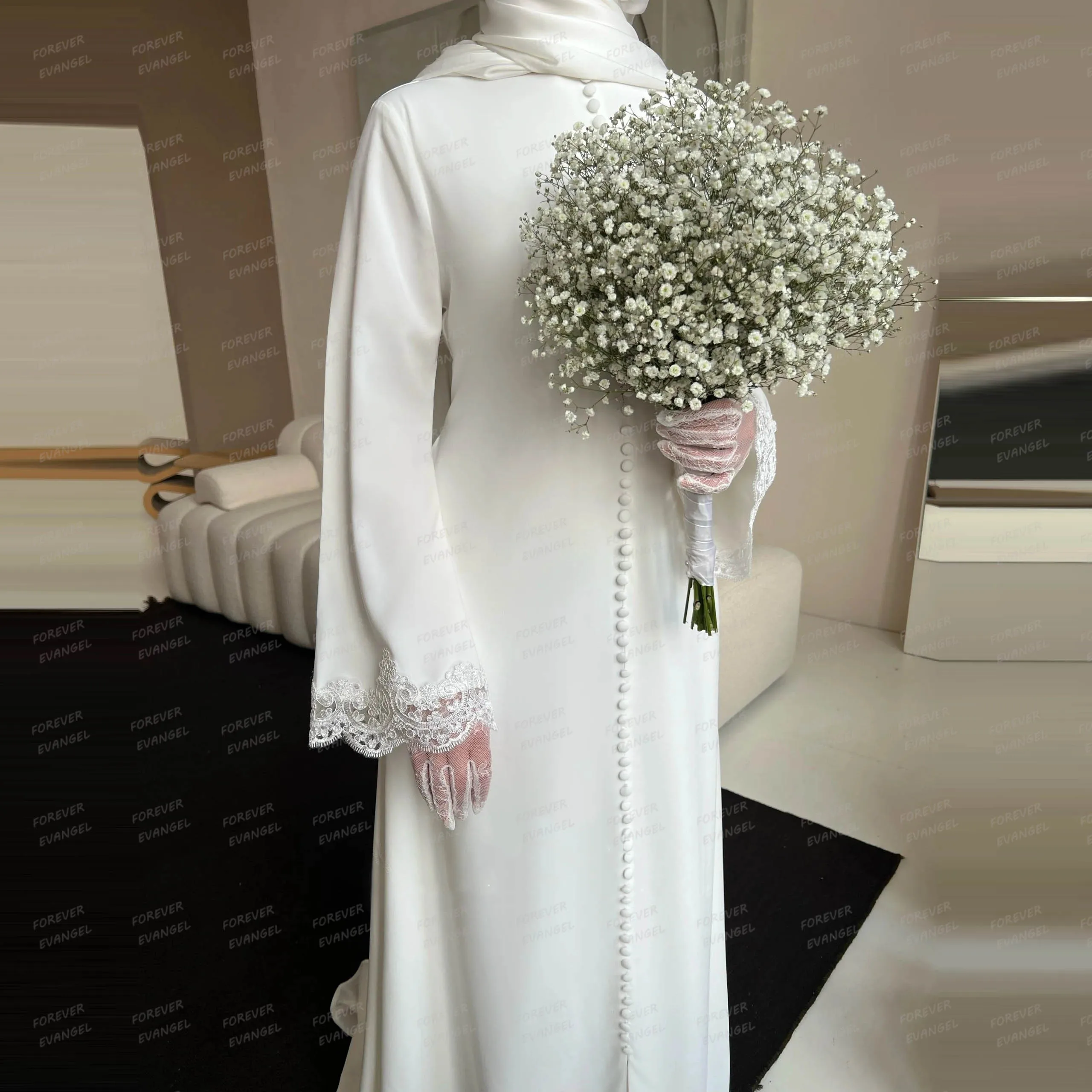 

Simple Elegant Wedding Dresses A Line Woman's Formal Lace Long Sleeve Bride Gowns Button Sweep Train Customized Vestido De Novia