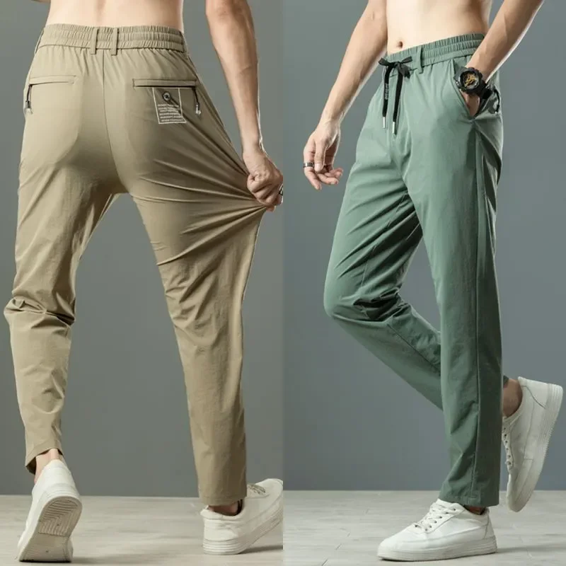 

Summer Men's Elastic Casual Pants Straight Leg Loose Tight Waist Trendy Ice Silk Business Pants for Young and Middle-aged People