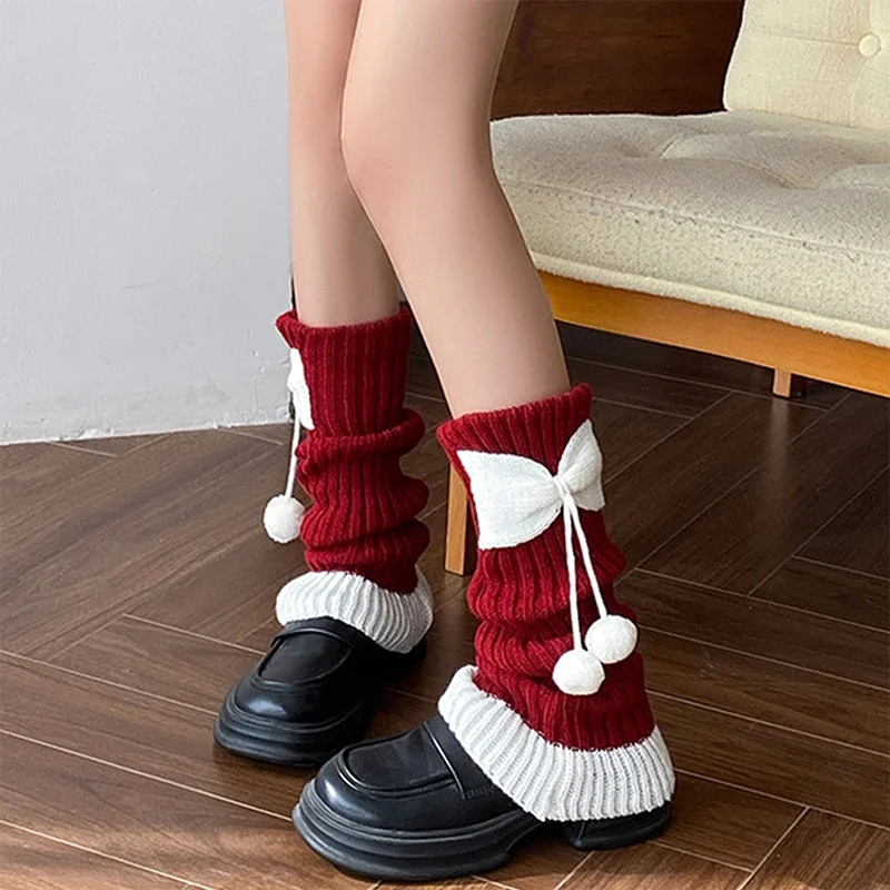 

Fall Winter Accessories Women Christmas Knit Leg Warmers Cute Bows Knee High Socks Y2K Aesthetic Boot Cuffs 2pc