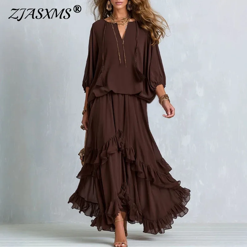 Solid Bohemian Skirt Set Women V Neck Loose Puff Sleeve Top & Tiered Ruffle Hem Maxi Skirt Suit Retro Travel Party Casual Outfit
