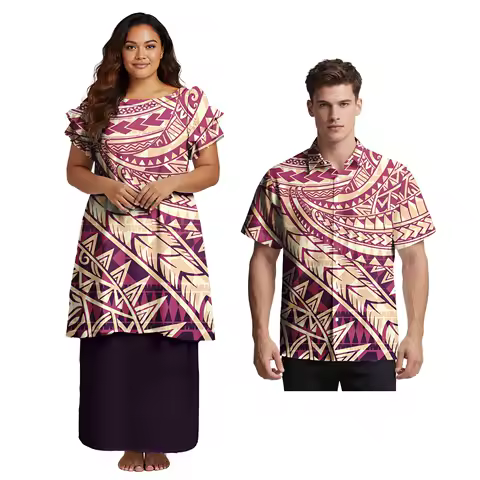 Party Evening Dresses Hawaii Polynesian Tribal Tropical Floral Print Women Puletasi Dress Match Men Shirts Couple Set