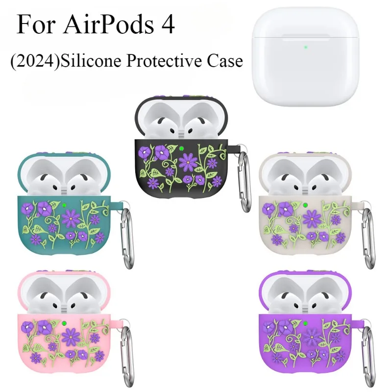 New Case for AirPods 4 4th Generation Bluetooth Earphones Silicone Protective Case Violet Flower Waterproof Dustproof Soft Shell